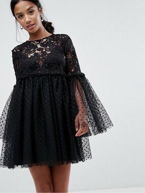 RARE ASOS Glamorous Embellished Black Tulle Dress with Sheer Bell Sleeves